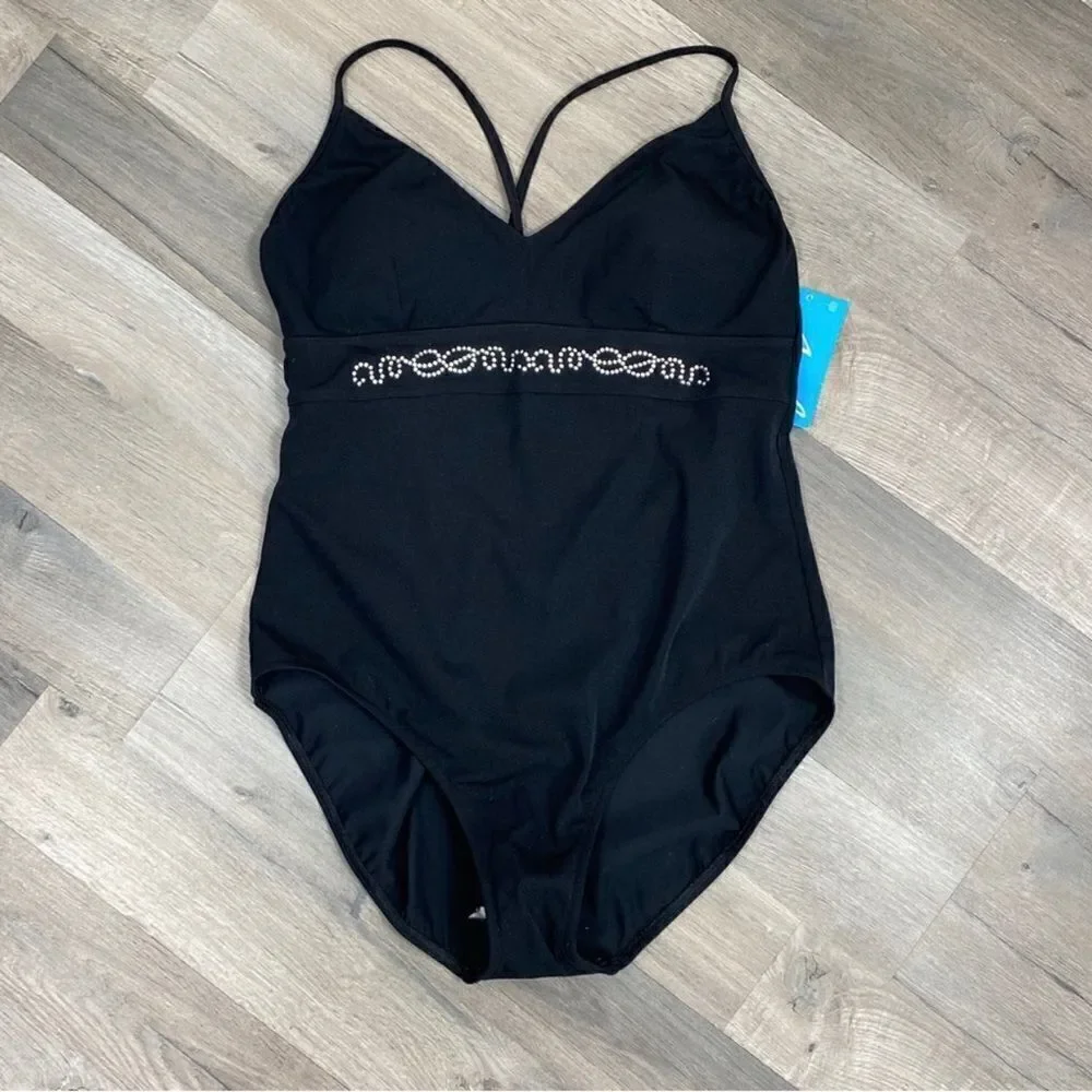 Maxine of‎ Hollywood Azul Swimsuit Studded One Piece Black Silver 16